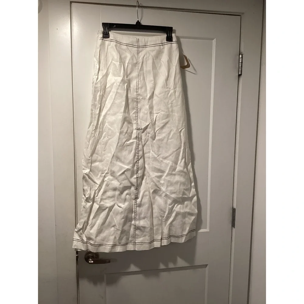 Few Moda CAARA White Linen Maxi Skirt Contrast Stitch High Waist Long Skirt